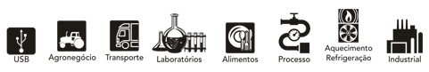 Selos: USB, agronegócios, transporte, laboratórios, alimentos, processo, aquecimento refrigeração e industrial.